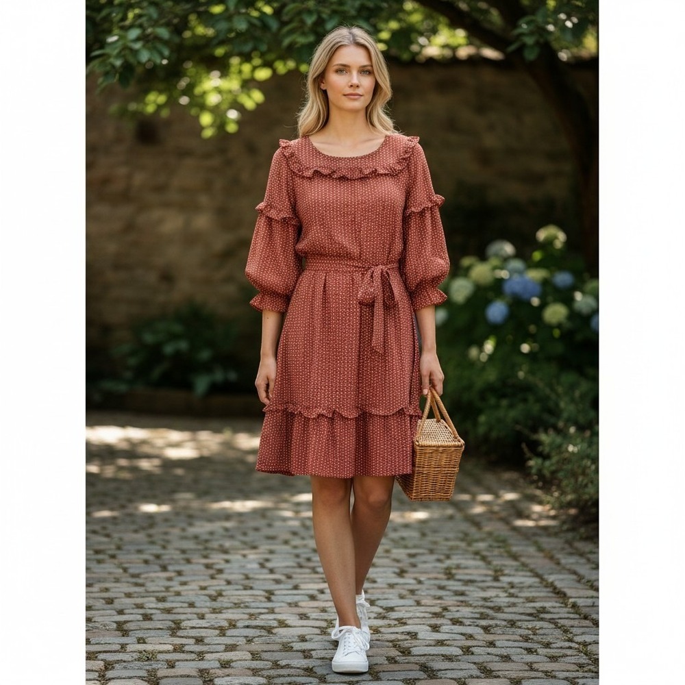 Max‎ Studio Large Dress Rustic Geometric Ruffle Puff Sleeve Tie Waist Prairie